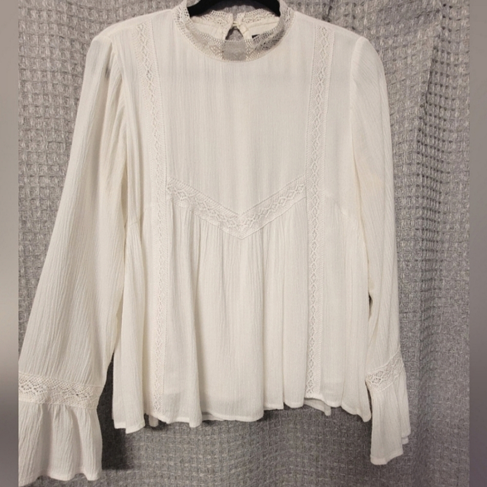 FRANCESCA'S Soft Elegant White Ivory Bib Lace Trim Ruffle Longsleeve Blouse